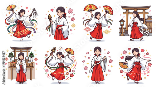 Set of Japanese Shinto shrine maidens Miko performing traditional kagura dance with fans.