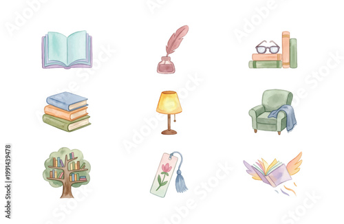 Watercolor Book and Reading Icons Set