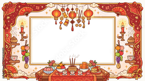 Chinese ancestral worship altar frame with food offerings and red lanterns for festival.