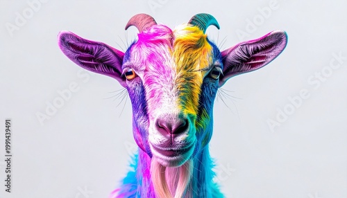 Colorful surreal goat portrait with vivid hues on plain background