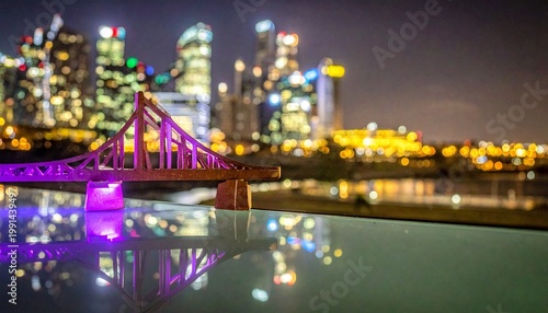 Miniature illuminated bridge model with vibrant cityscape night reflections