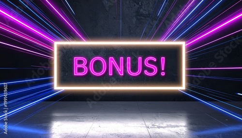 Glowing neon pink BONUS sign with dynamic blue light streaks