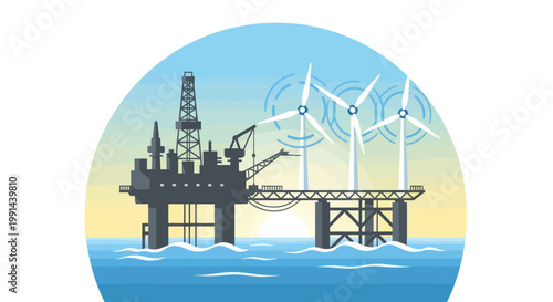 Offshore oil rig platform with wind turbines generating clean energy in the ocean