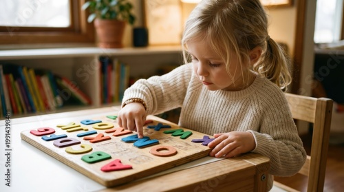 Little girl playing with wooden puzzle.