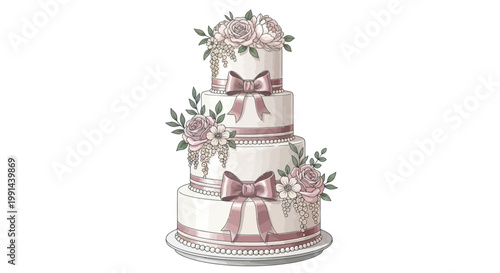 Elegant Tiered Wedding Cake with Pink Roses and Ribbons - Isolated