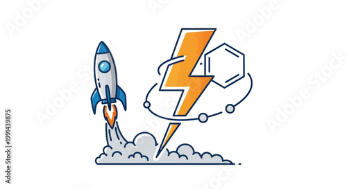 Rocket Launching with Lightning Bolt and Chemical Structure - Startup Energy Concept