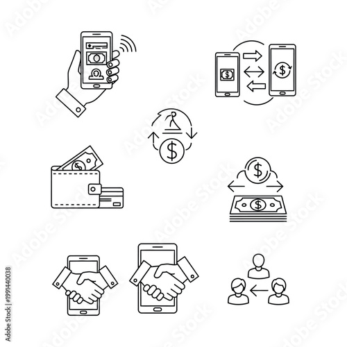 Line art icons depicting various aspects of mobile banking, money transfer, financial transactions, and digital business agreements.