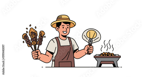 Smiling street food vendor grilling skewers and meat on a portable grill, flat illustration