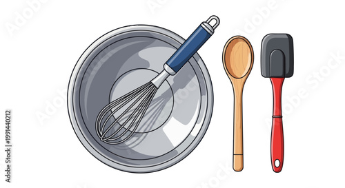 Baking Utensils: Whisk, Spoon, and Spatula with Mixing Bowl
