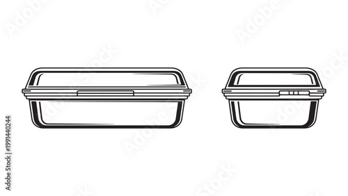 Black and white vector line art of two rectangular plastic food containers with lids, ideal for takeout and meal prep.