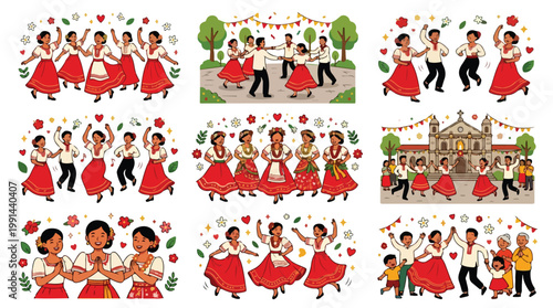 Illustration set of dancers performing the Sayaw sa Bangko and Pandanggo sa Ilaw Philippine folk dances.