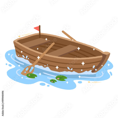 Foto Small wooden rowing boat floating on blue water with lilies in a pond