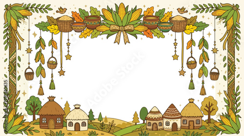 African village harvest celebration frame with traditional huts and hanging agricultural crops.