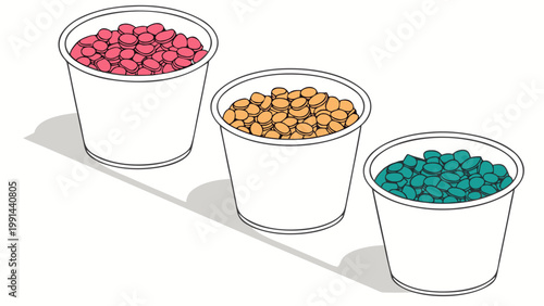 Three white cups filled with colorful plastic pellets
