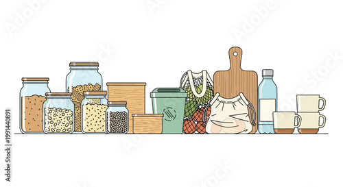 Zero waste lifestyle sustainable kitchen and pantry essentials, eco-friendly living illustration
