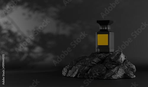 Elegant Black Perfume Bottle on Rock with Dramatic Shadows and Minimalist Background