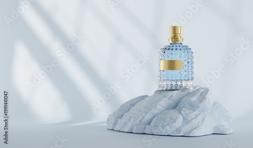 Elegant Perfume Bottle on Textured Stone with Soft Shadows in Minimalist Setting