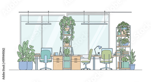 Modern and Eco-Friendly Office Interior with Abundant Green Plants Creating a Productive and Healthy Workspace