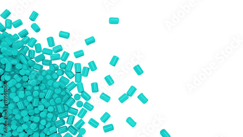 Close up overhead shot of cyan plastic pellets