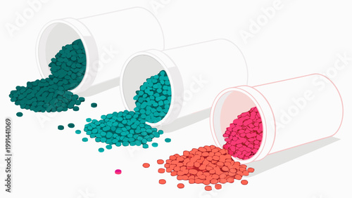 Spilled colorful plastic pellets from white containers