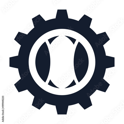 Gear icon with a baseball inside a circle on white background icon