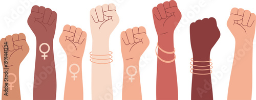 Women fist lift up, female power illustration, vector artwork symbolizing strength, empowerment, equality, and solidarity, ideal for social movements, awareness campaigns, and inspirational design 