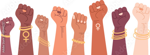 Women fist lift up, female power illustration, vector artwork symbolizing strength, empowerment, equality, and solidarity, ideal for social movements, awareness campaigns, and inspirational design 