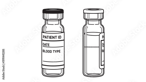 Medical blood sample vials with patient ID, date, and blood type labels, essential for laboratory testing and healthcare diagnosis.
