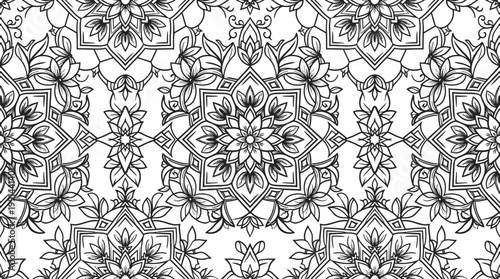 Intricate monochrome floral mandala pattern for textile design and graphic work.