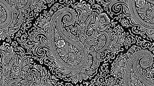 Intricate black and white paisley pattern with swirling motifs for textiles.