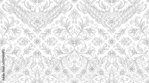 Elegant light gray damask pattern texture for backgrounds and decorative designs.