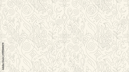 Elegant damask wallpaper texture with vintage ornamental motifs in creamy beige tones.