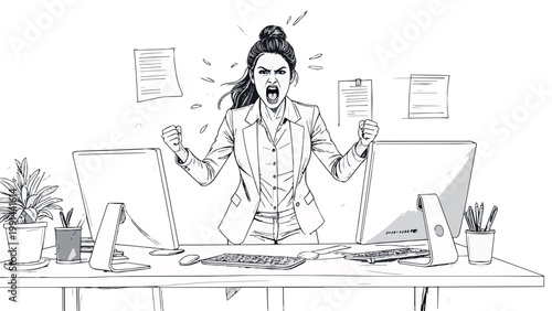 Businesswoman yelling in rage experiencing work stress