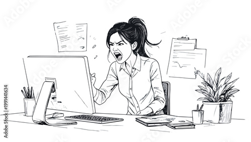 Woman experiencing work stress and screen frustration