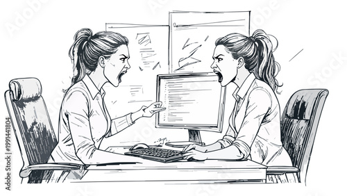 Two businesswomen arguing at office desk expressing anger