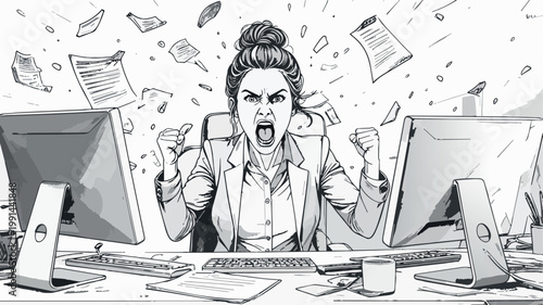 Stressed businesswoman screaming from office work burnout