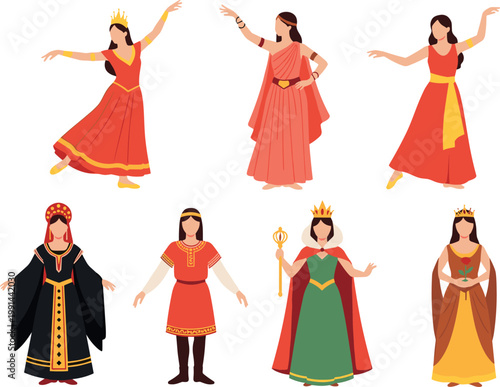 Traditional and royal women vector set with cultural dresses dancing poses and queen characters illustration collection