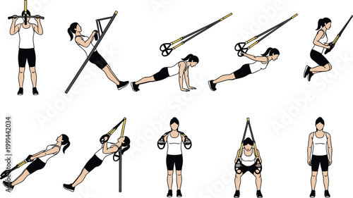 Suspension training exercises set with straps full body workout routine fitness gym vector illustration isolated collection