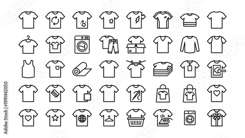 Collection of hand drawn icons for clothing laundry fashion with t shirt washing machine folded clothes shopping bag rolled up polo shirt crew neck v neck store tie dye casual wear