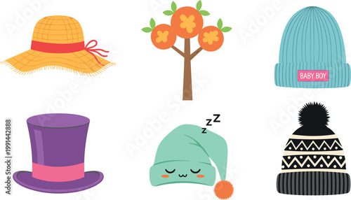 Various hats and tree set with winter beanies straw hat and decorative elements cartoon vector illustration collection