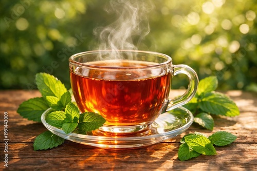 Hot mint tea in clear glass cup with rising steam on wooden table