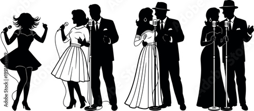 Vintage singers silhouettes vector set with couples and solo performers microphones retro music concert illustration collection