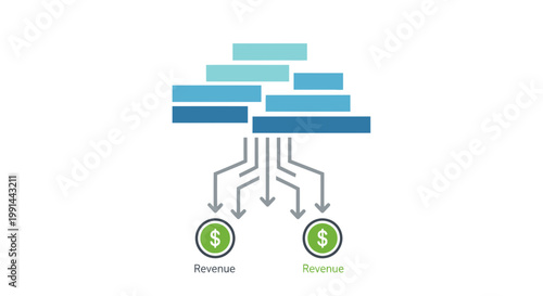 Financial, business, revenue, expense, money flow vector diagram, infographic elements, blue and green color scheme, financial planning, accounting, budgeting icons