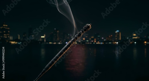 A smoldering incense stick emits smoke against a nighttime city skyline.