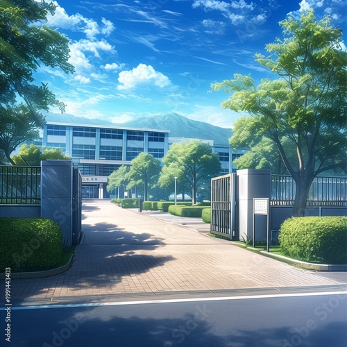 Obraz w ramie TRPGやゲームの背景として使える緑豊かな学校の校門風景
