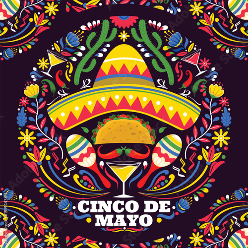 A vibrant circular illustration celebrating cinco de mayo with festive elements