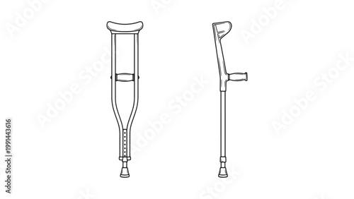 Clean black outline vector illustration of two distinct medical crutches, underarm and forearm types, essential mobility aids for injury recovery and rehabilitation.