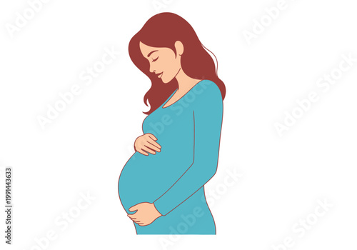 Pregnant Woman Illustration, Expecting Mother with Red Hair Holding Belly in Blue Dress Vector Art