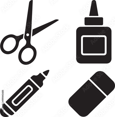 Four black silhouette of stationery including scissors, glue bottle, marker, eraser