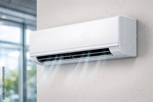 Modern wall mounted air conditioner unit on light interior wall with bright window background